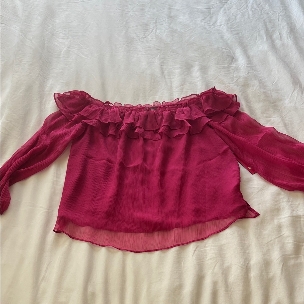 Vince Camuto Ruffled Off-Shoulder Blouse in Deep Pink